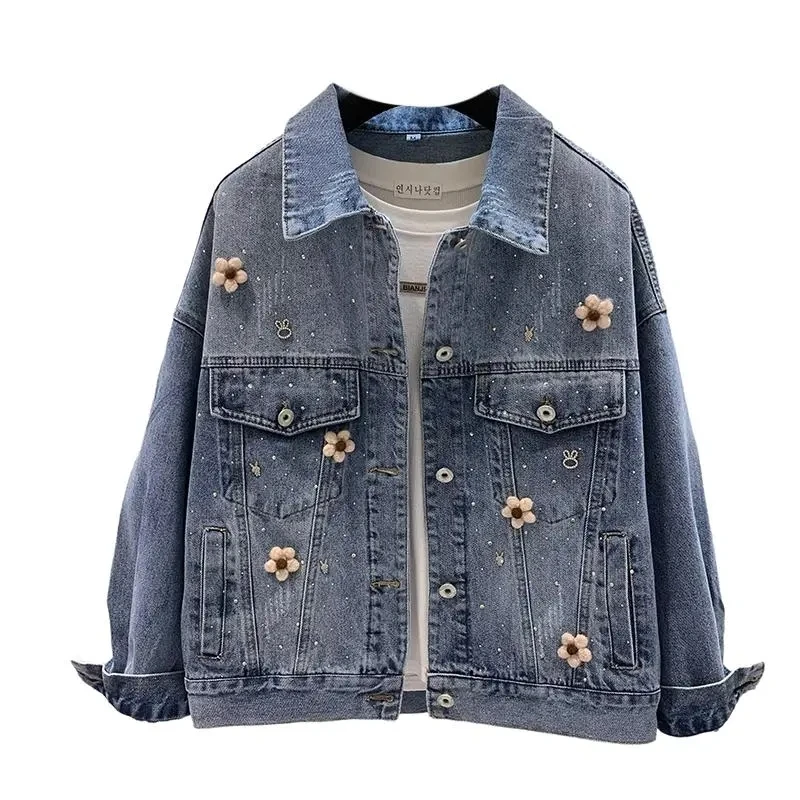 Tamanho grande mulheres denim jaqueta primavera outono manga comprida retro quente diamante jeans casaco novo feminino casual solto cowboy outwear topo