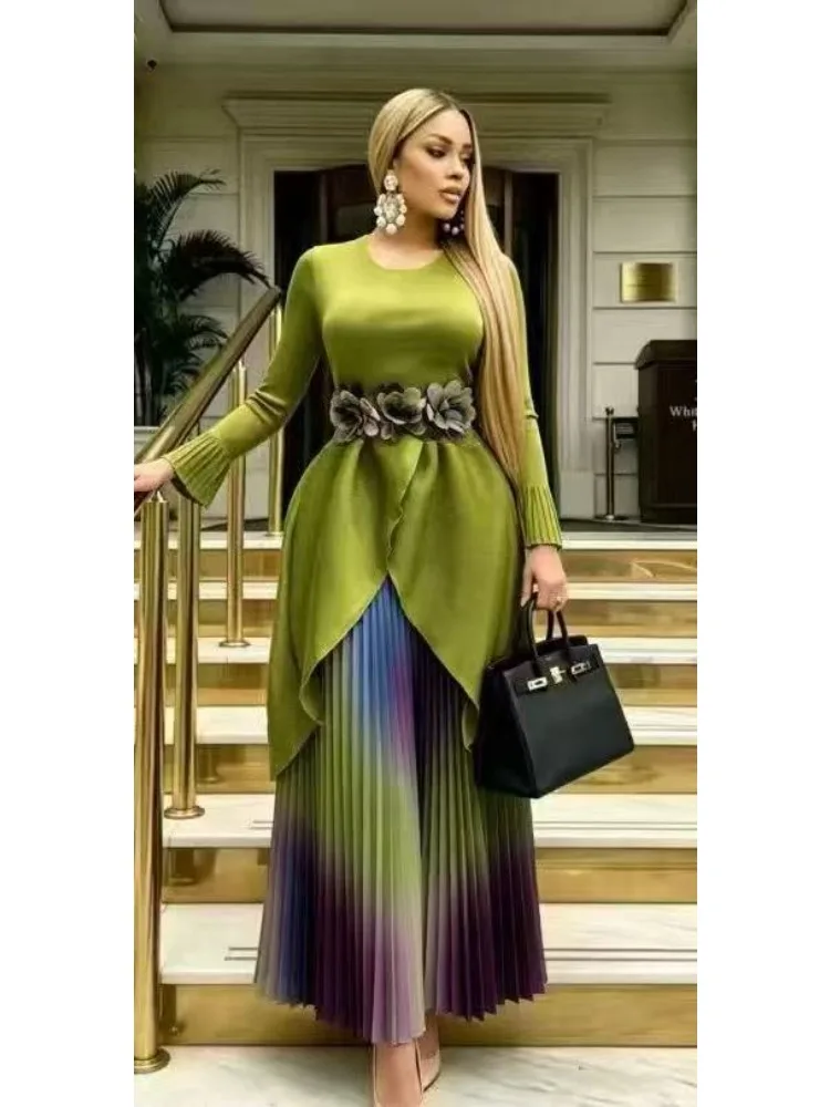 Miyake Loose Round Neck Gradual Change Printing Three-dimensional Flower Waist Trousers Big Pendulum Fold Fashion Two-piece Set