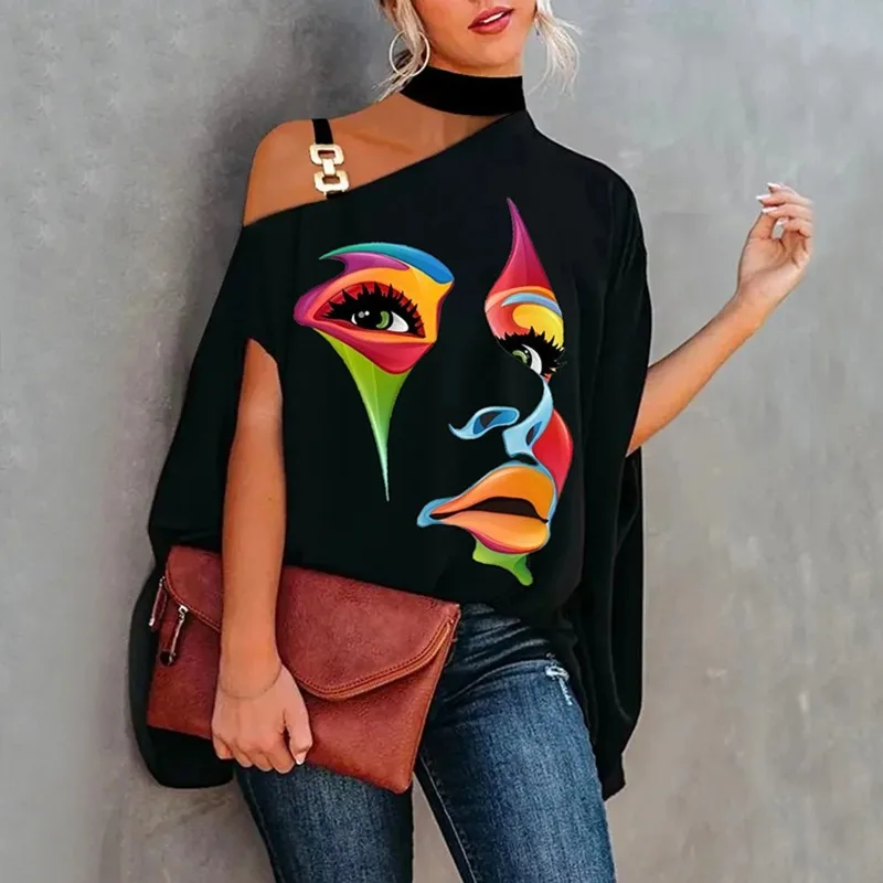 Uoozee 2024 New Summer Women One Shoulder Fashion Printed T-shirts Asymmetric High-neck Casual Going Out Black Tunic Tops