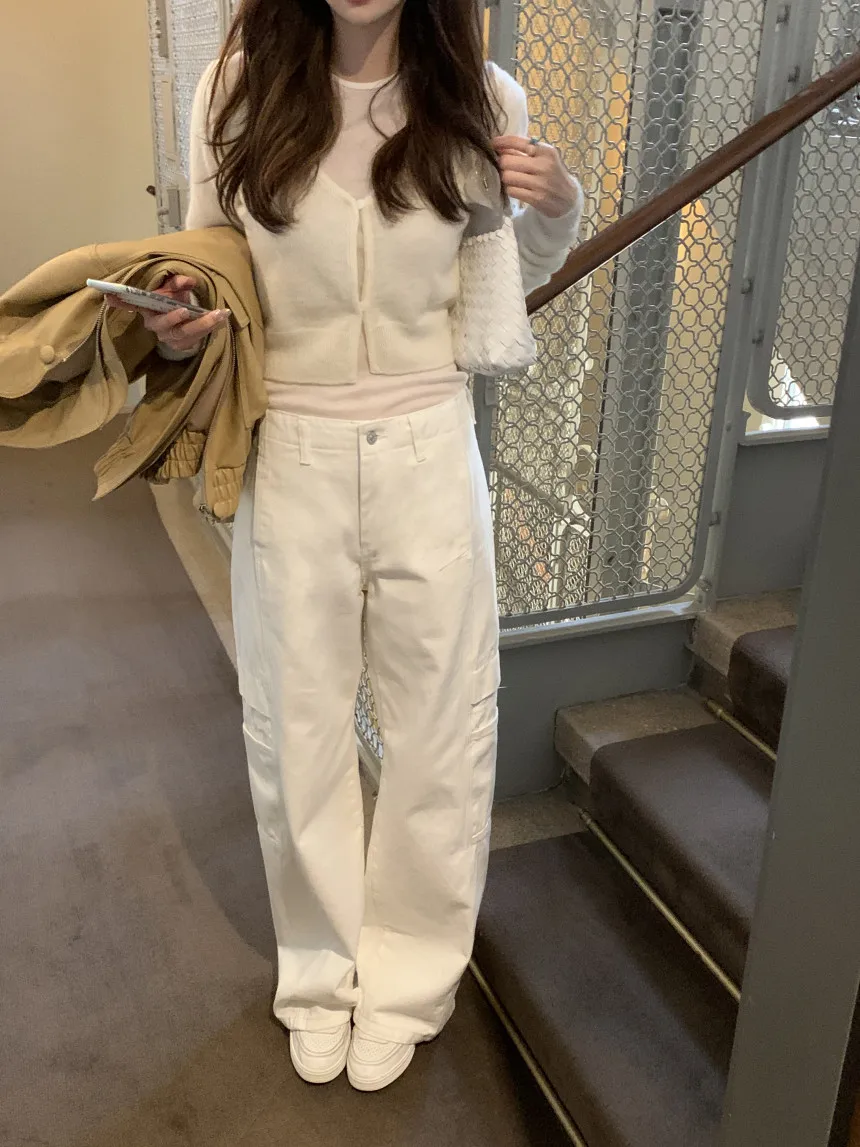 

Korean style White Utility Casual Straight Leg Pants, Versatile Design, Women's Stylish Bottoms