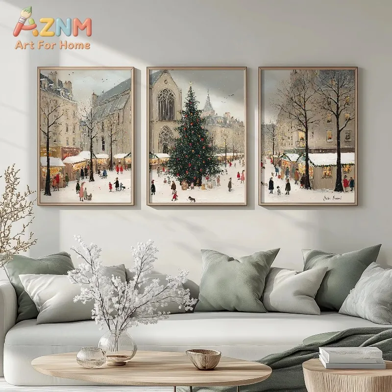 3PCS Vintage Christmas Market Canvas Wall Art Snowy European Town Xmas Tree Street Scene Farmhouse Wall Prints Living Room