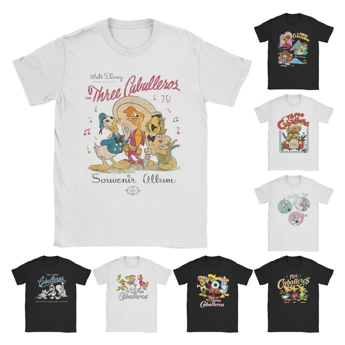 The Three Caballeros دونالد داك تي شيرت الرجال القطن الخالص الترفيه تي شيرت س الرقبة الكرتون تي شيرت ملابس قصيرة الأكمام المطبوعة #1