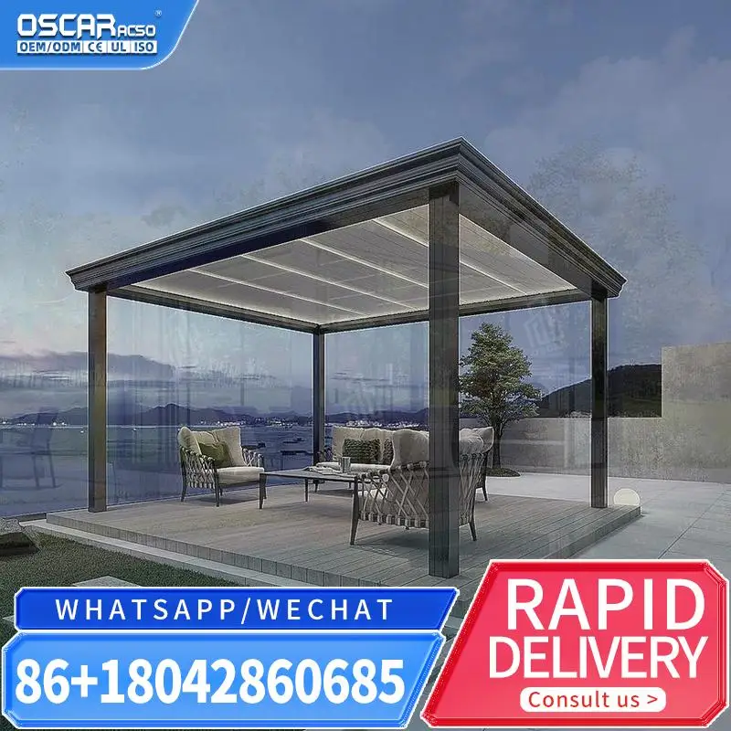 4x5M Black Brown Bioclimatic Louvered LED Powder Coated Aluminum Pergola with Rain Wind Sensor 20 Year Gardening Feature Outdoor