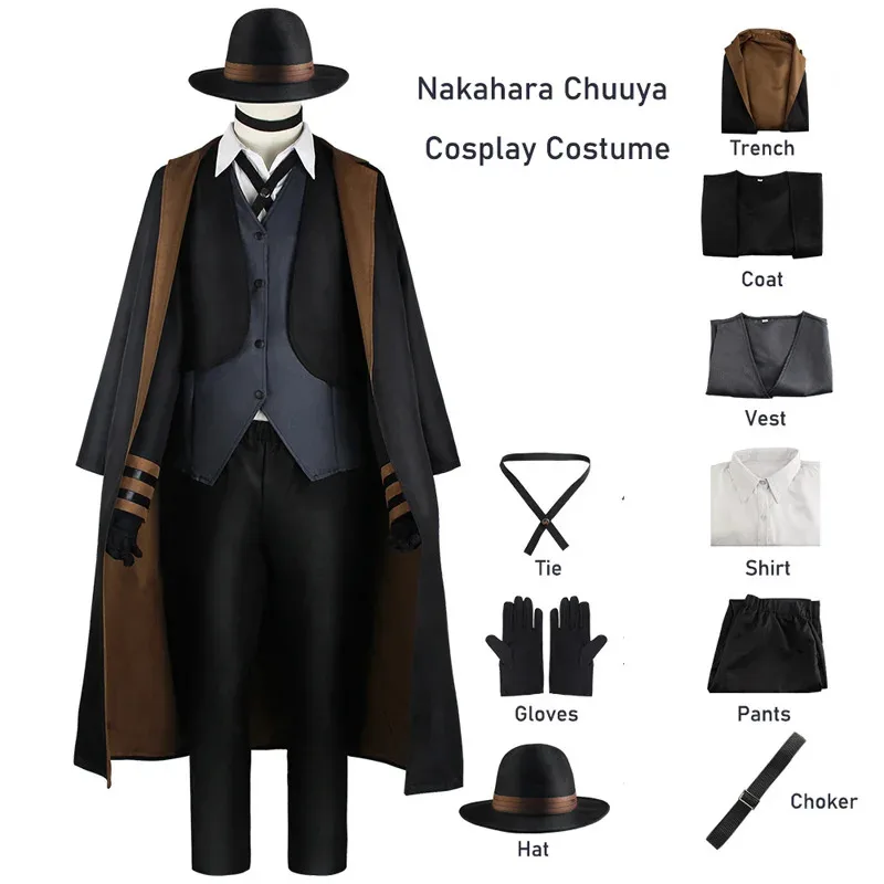 Anime Nakahara Chuuya Cosplay Costume Hat Uniform Trench Coat Pants Big Size Outfits Comic Con Halloween Party Cosplay Costumes