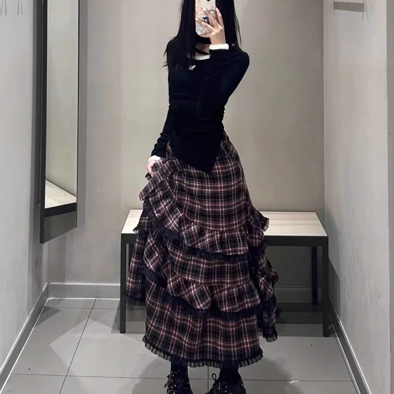 Falda acampanada a cuadros para mujer, diseño Vintage, dulce, rosa y negro, corte en A, encaje, faldas largas holgadas y versátiles, novedad de otoño