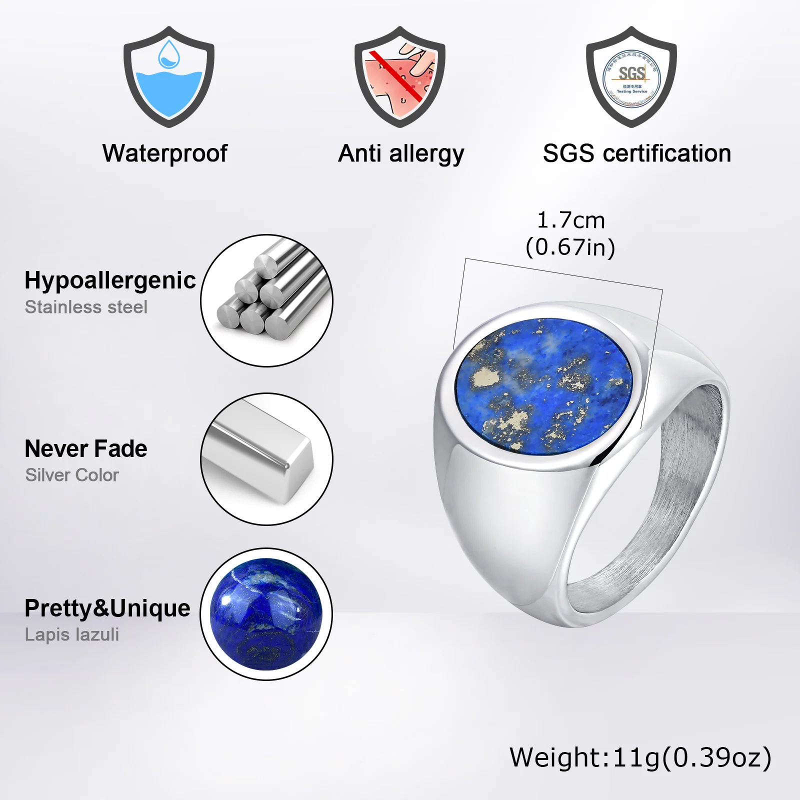 Men's High Quality Stainless Steel Rings Natural Stone Fashion Round Signet Rings for Men Women Father Teens Simple Jewelry Gift - Image 6