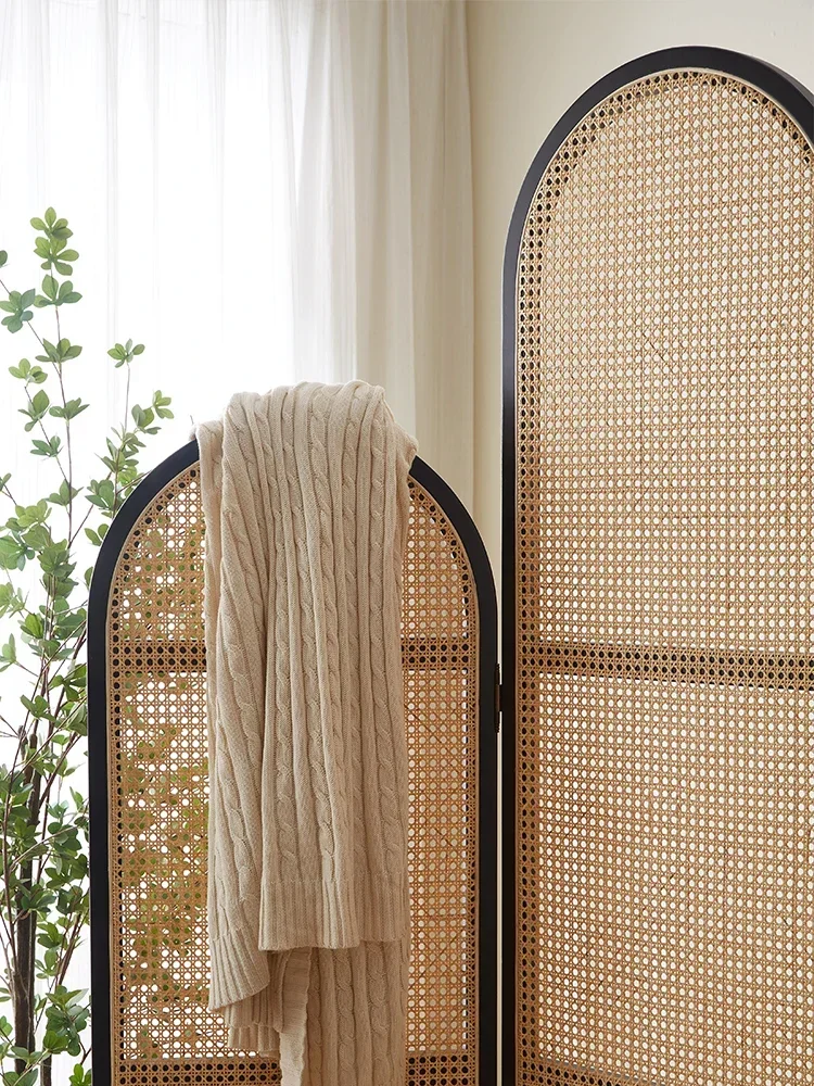 Japanese-Style Retro Solid Wood Rattan Folding Screen Mobile Partition