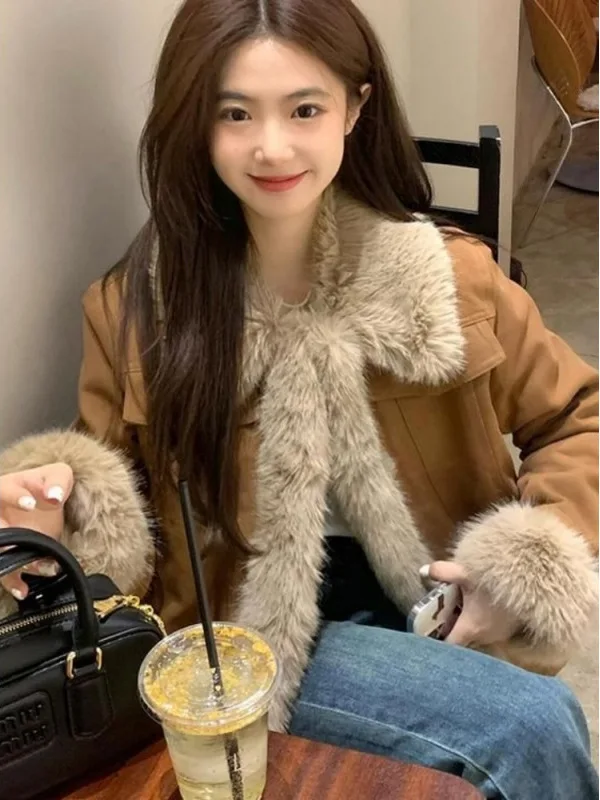 ريترو Sle المرأة فو الفراء Jaet Thiened الربط الجلد المدبوغ ملابس خارجية معطف دافئ رقيق طويل Sve ort طول زر C...