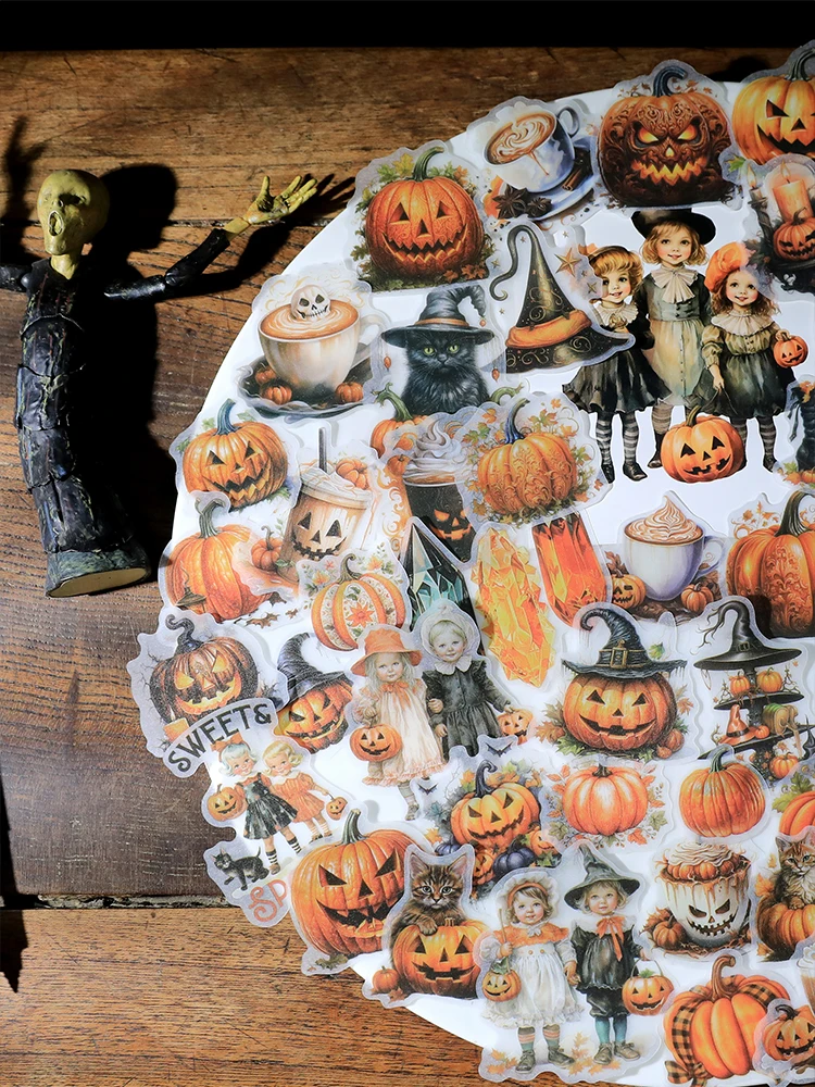 50pcs/bag Retro Halloween Pumpkin Tent Stickers Sulfuric Acid Paper Stickers Material Collage Decoration