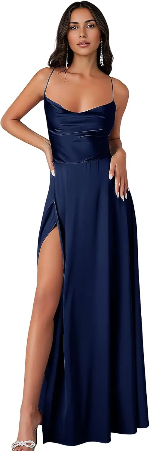 Satijnen rugloze bruidsmeisjesjurk met dunne schouderbanden en split lange trouwjurk voor dames formele avondjurk, baljurk
