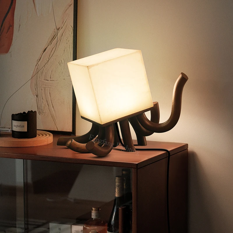 Octopus Shaped Wood+Marble Table Lamps With Touch Control Indoor Decor LED Lighting Bedroom Living Room Bedside Study Desk Lamp