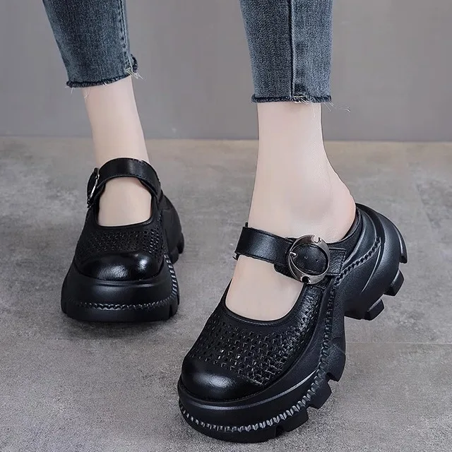 

Genuine Leather Hollow out Slip-On Sandals Women's Top Layer Cowhide Low Heel Summer Flats Rubber Sole Breathable Clog Shoes