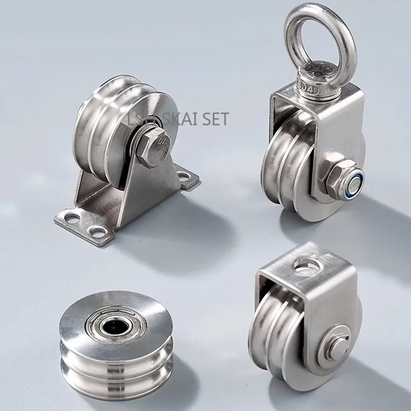 Stainless Steel Double-slot Pulley U-shaped Track Silent Roller Wheel Wire Rope Lifting Ring Hoisting and Loading Bearing Wheel
