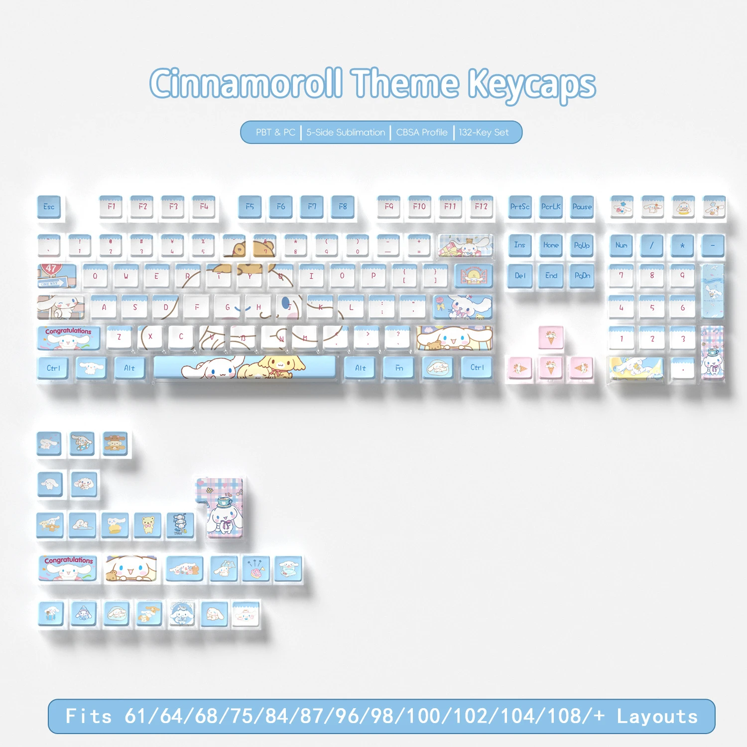 Cinnamoroll Four-Sided Backlight Keycaps 132 Keys PBT+PC Material CBSA Profile For MX Switch Mechanical Keyboard ISO ANSI Layout