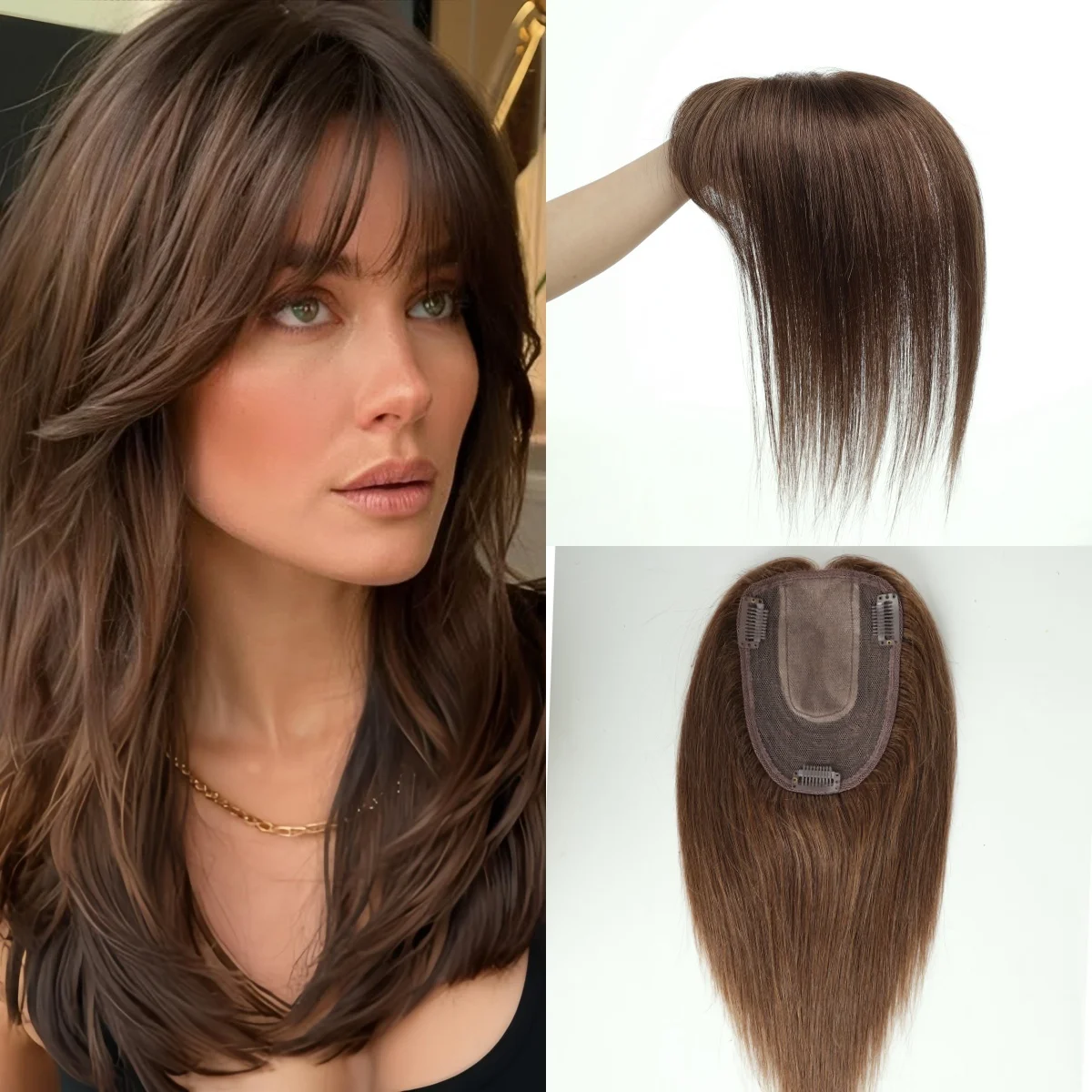 Toppers de cabelo 100% humano marrom, postiços remy para mulheres com cabelo desbaste, 14 tamanhos, base de seda reta, extensões de cabelo