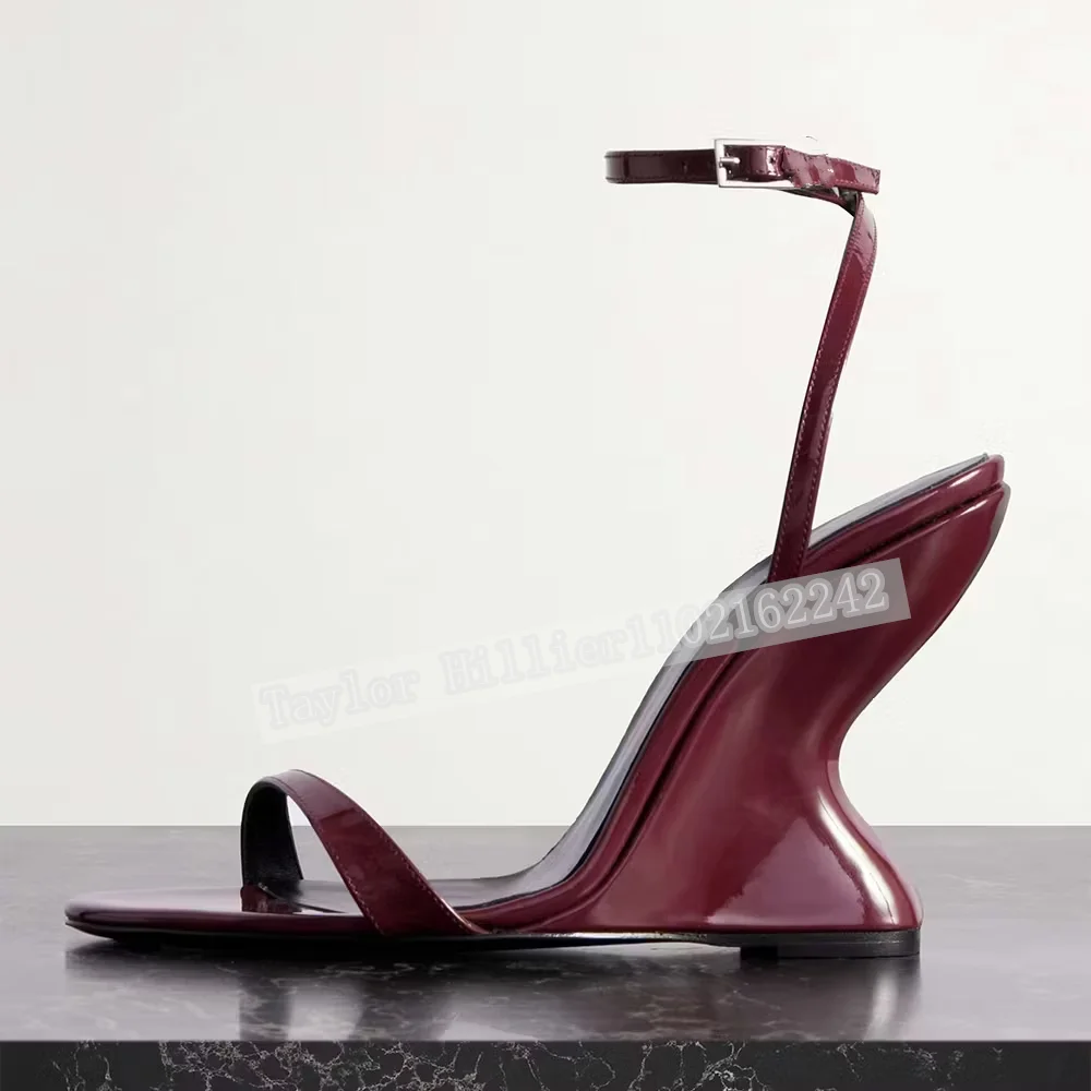 Women'S  Red Patent Leather Sculptural Wedge Heel Sandals Ankle Buckle Strap Curved Abstract High Heels Summer Party Footwear 43 view 3