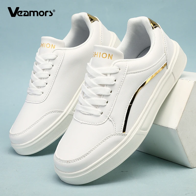 

Fashion PU Leather White Shoes Women Non-slip Casual Sneakers Lace-up Men's Outdoor Boards Shoes for Walking Traveling Jogging