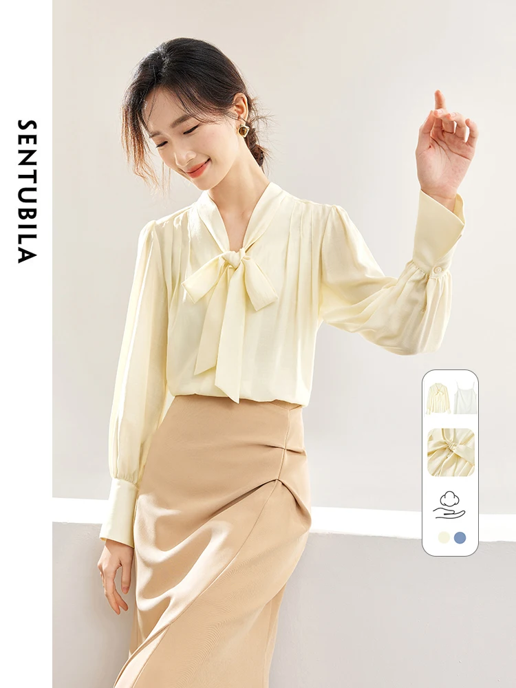 

SENTUBILA 2 Piece Set Women 2025 Autumn Elegant Loose Bow Chiffon Blouse Tank Top Commute Yellow Shirts Woman Clothing141V53139