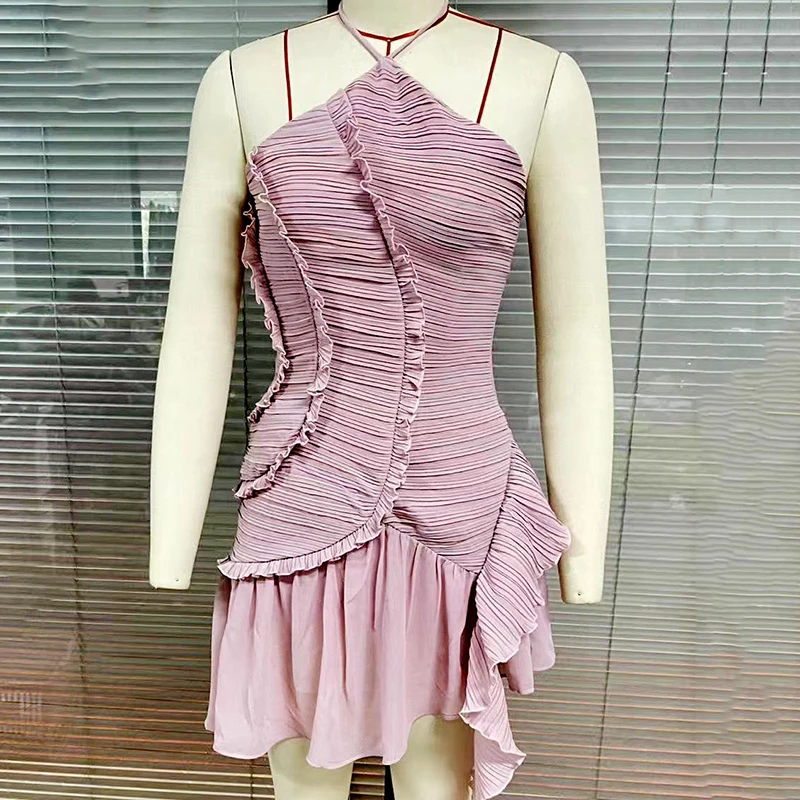 Abito lungo plissettato con volant da donna elegante senza maniche Halter irregolare a strati pieghettato fluido al ginocchio maxi abiti da festa di nozze