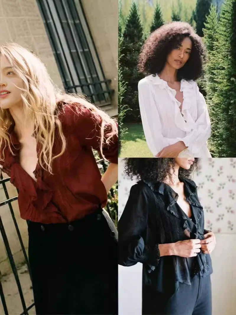 100% Cotton Women Ruffles Blouse Tops Puff Sleeve Single Breasted Solid Color Casual Early Autumn 2024 Female Deep V Shirt