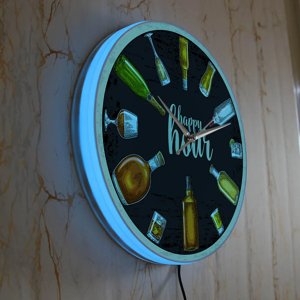 Happy Hour Beer Time Modern Design Illuminated Wall Clock For Man Cave Pub Bar Decor Alcohol LED Lighted Wall Clock Drinker Gift