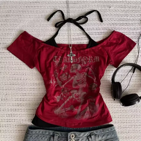 الألفية 2000s Y2k المحاصيل الجمالية الحلو ومثير سترة المرأة بلا أكمام عادية أنيمي مطبوعة سترة Harajuku الأحمر الزي الكامل Em #4
