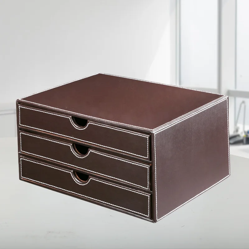 Business Office Documents Three-Layer Leather Storage Cabinet A4 Paper Chest Of Drawers High-End Office Creative File Cabinet