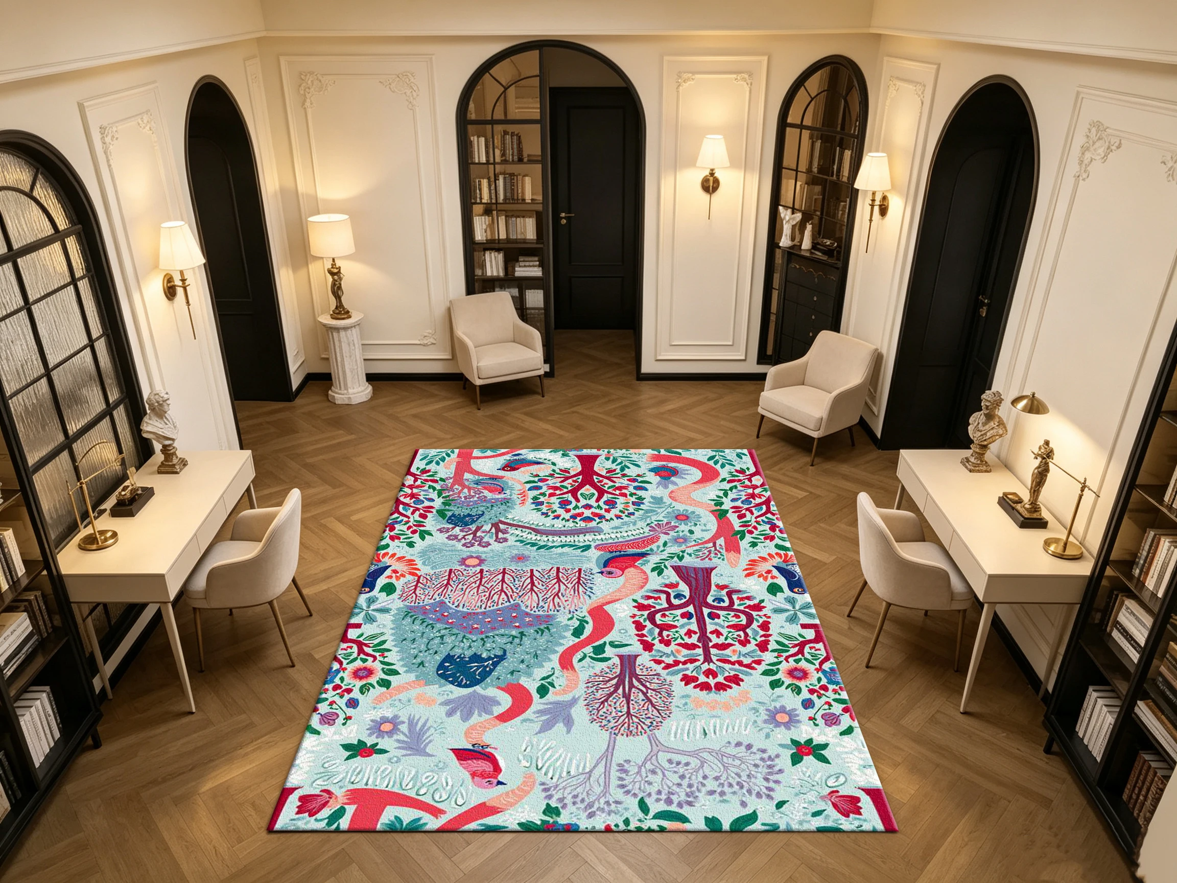 Colorful Forest Bird Tree Print Carpet Flooring Folk Art Household Indoor Decor Floor Rug