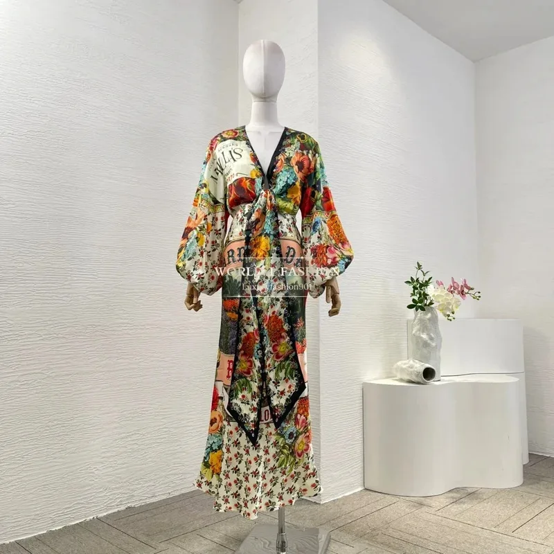 Pure Silk Mixed Color 2025 New High Quality Women Holiday Floral Print Full Lantern Sleeve Midi Mermaid Dress
