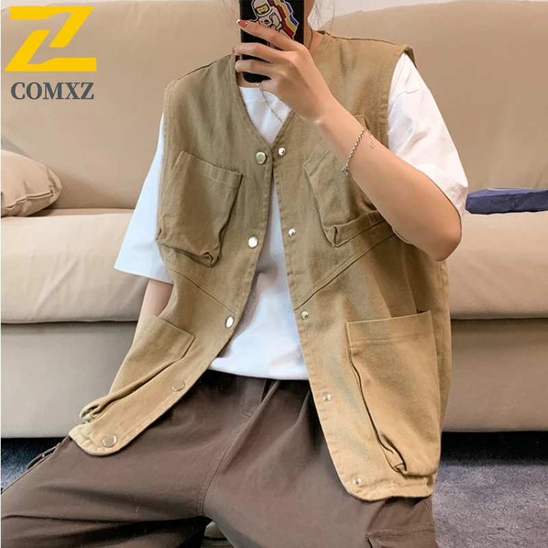 الرجال ملابس العمل سترة الصيف فضفاضة خمر جاكيت بلا إكمام الكورية نمط الشارع الشهير متعددة جيب عادية المتضخم الدنيم صدرية #5