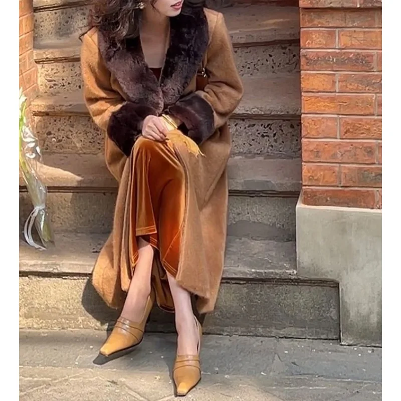 French Retro Style Lazy Style Long Fur Collar Woolen Coat Women's Autumn and Winter New High-end Coat Temperament