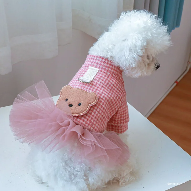 1PC Pet Clothes Cat Autumn and Winter Thick Pink Plaid Princess Dress with Tow Buckle Suitable for Small and Medium sized Dogs