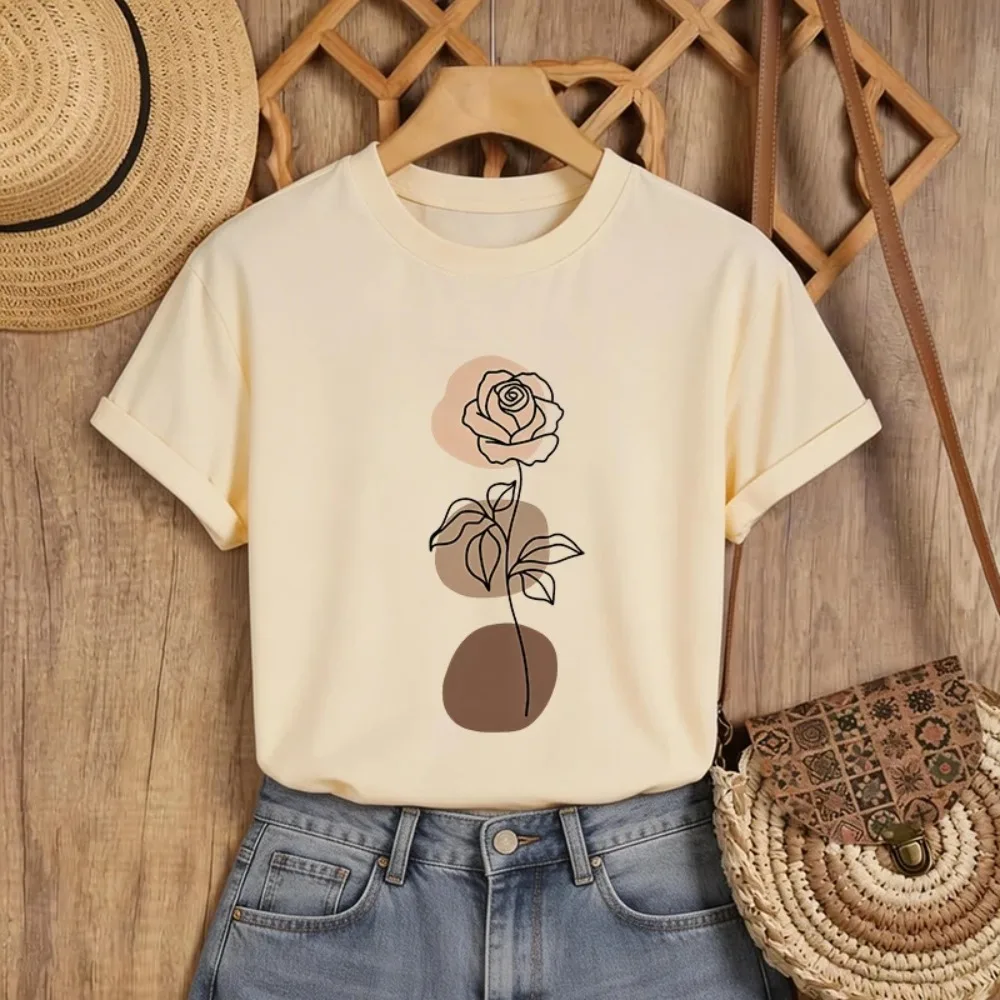 Women's Crew Neck T-Shirt with Minimalist Floral Line Art with Beige and Brown Rose Print Casual Graphic Short Sleeve Casual Top