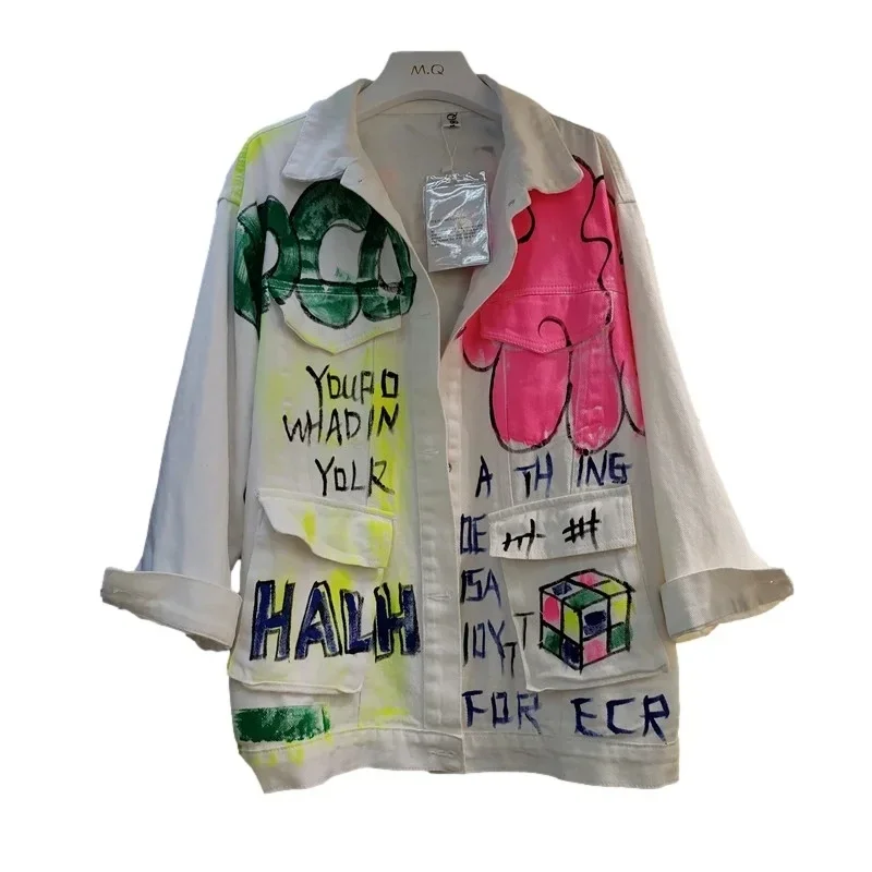 

White Graffiti Printing Big Pocket Denim Jacket Women Loose Mid Long Cowboy Outerwear Casual Jeans Jacket Female Chaquetas Mujer