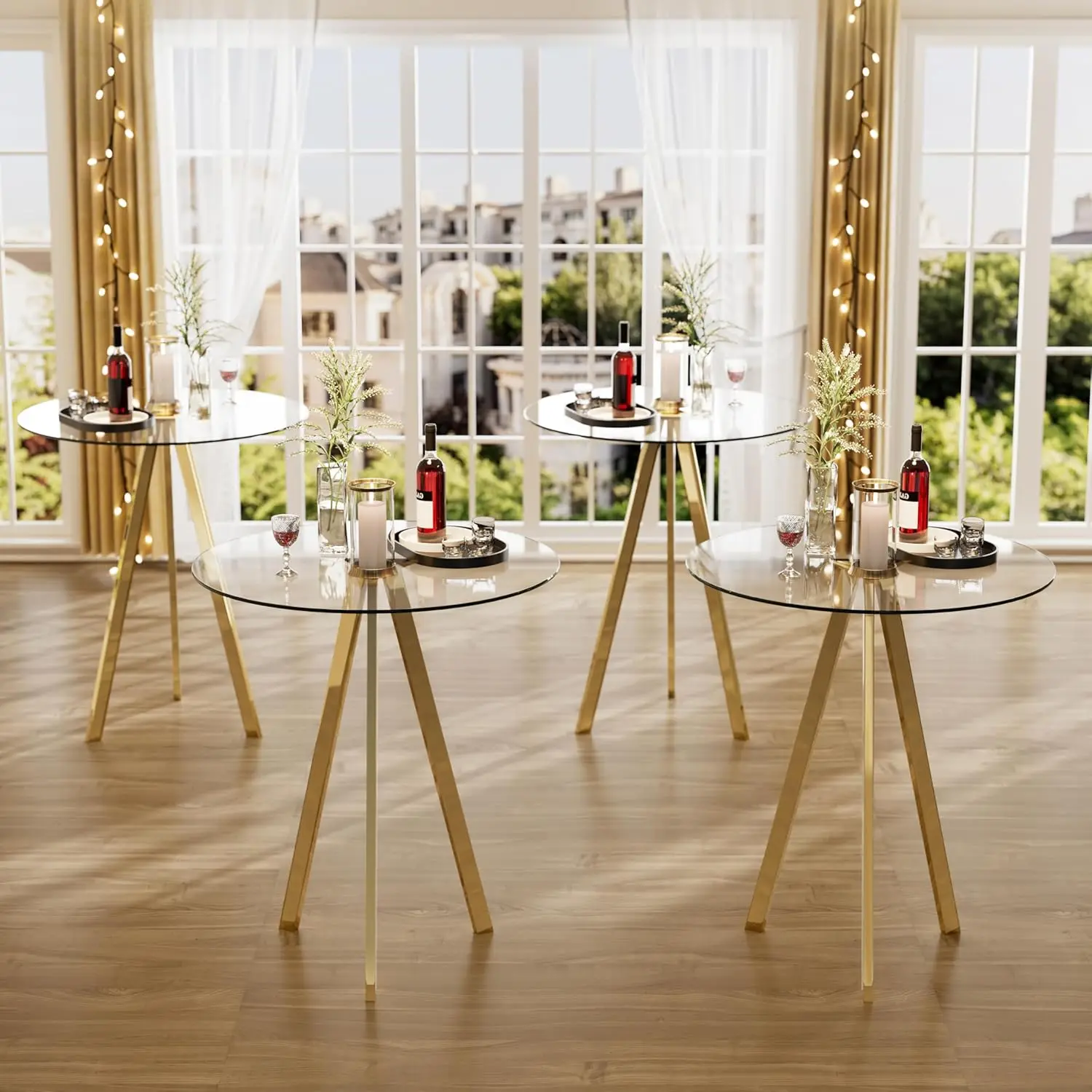 

37.4in Round Bar Table 31in Metal Base Glass Top O Cafe Small Space Gold 4-Pack, Customized