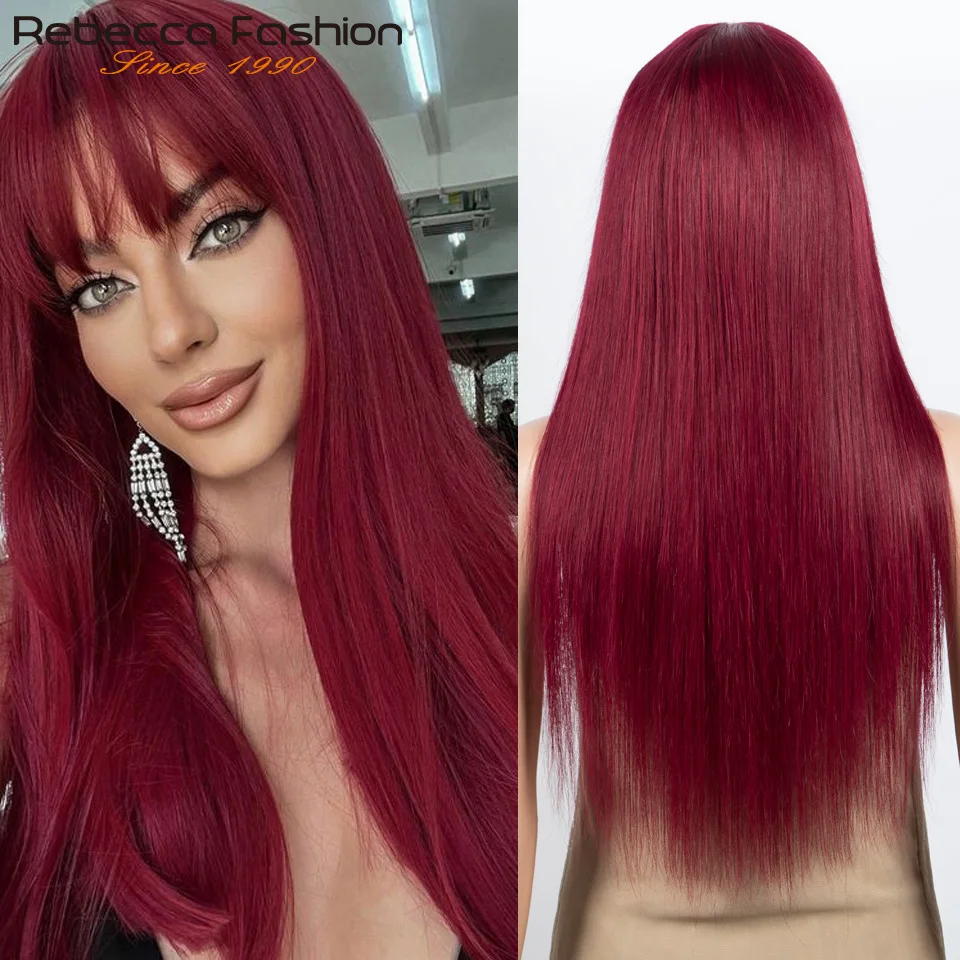 

Brazilian Straight Human Hair Wigs With Bangs Burgendy Put On And Go 100% Remy Human Hair Wigs Full Machine Made Wigs For Women