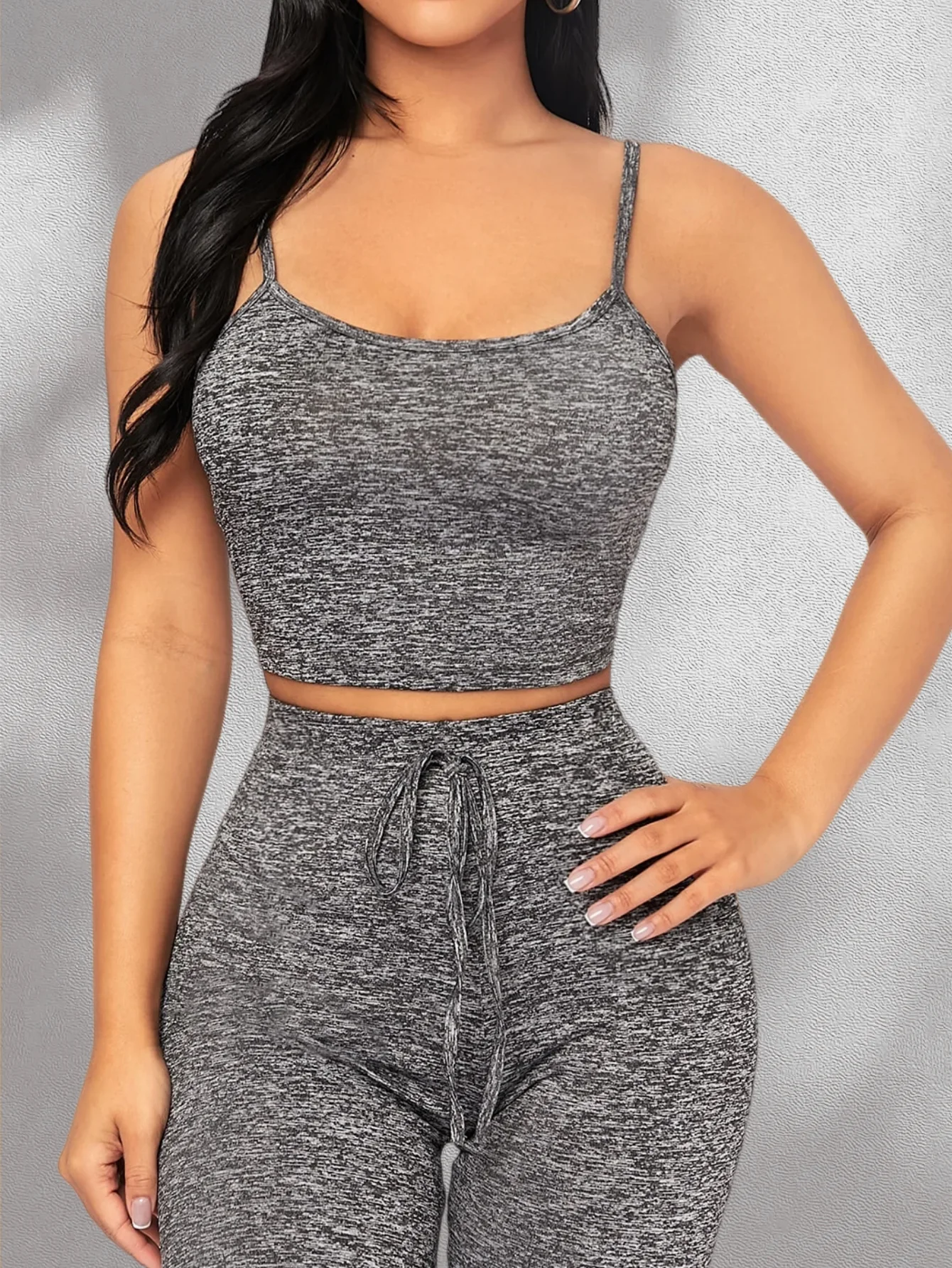 Omen 2 Piece Outfit Marled Knit Spaghetti Strap Crop Top And High Waist Drawstring Leggings Set Casual Activewear Set