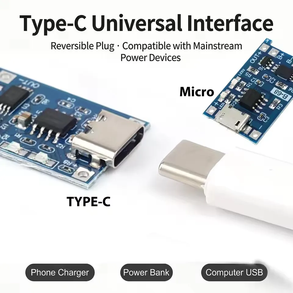 Type-C Micro USB Interface Connector 5V 1A 18650 Lithium Battery Charger Module Charging Board with Dual Protection Functions