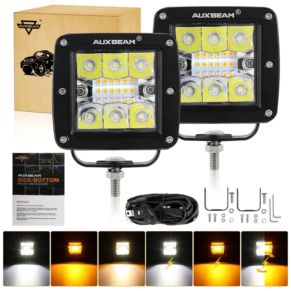 AUXBEAM 3 inch LED Light Pod 72W 6 Modes Amber White Light Memory Function Fog Driving Lamp Work Light with 10FT Wire Harness