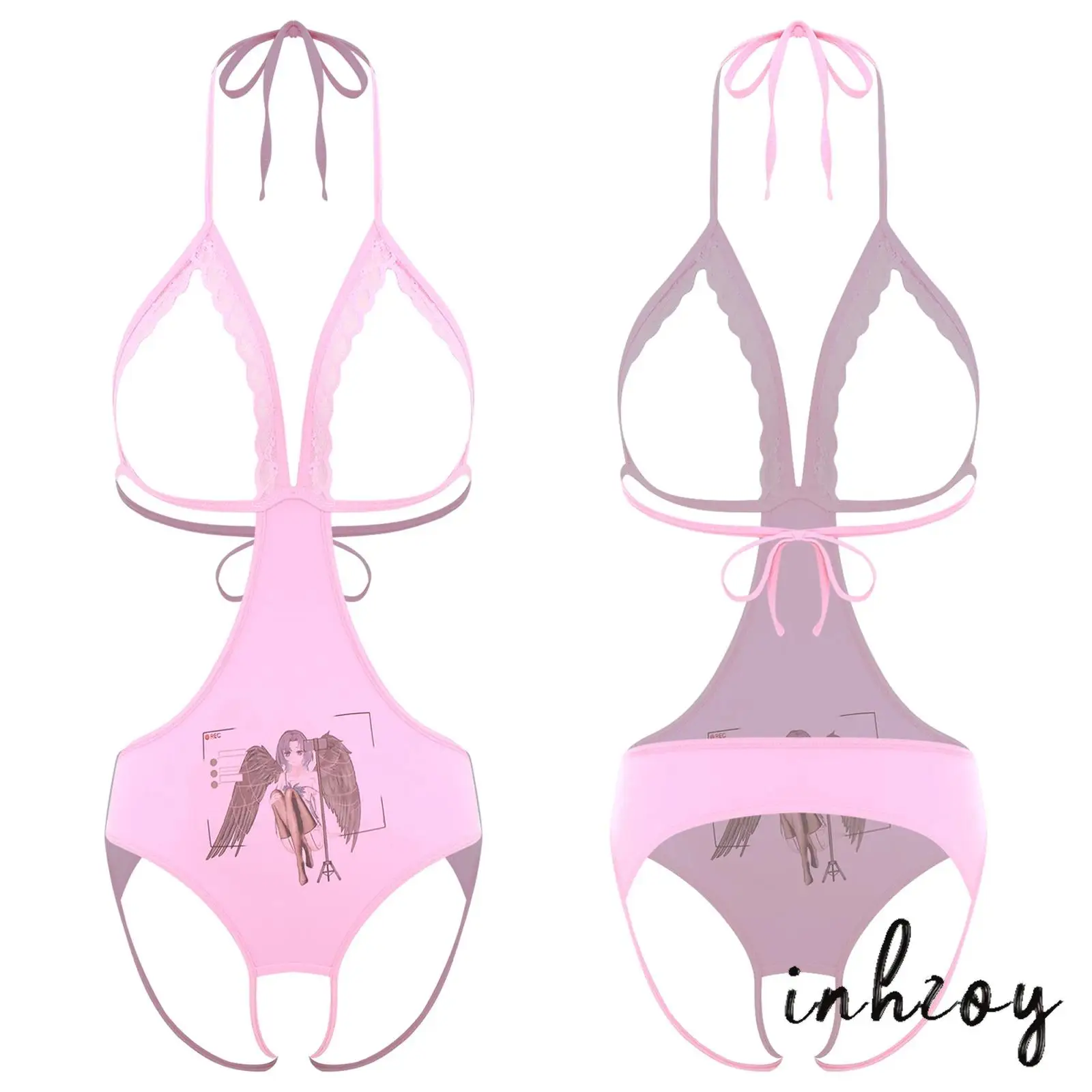 

Summer Womens Kawaii Hollow Out Anime Bodysuit Swimwear Halter T-back Bikini Leotard One Piece Jumpsuit Nightwear Beachwear