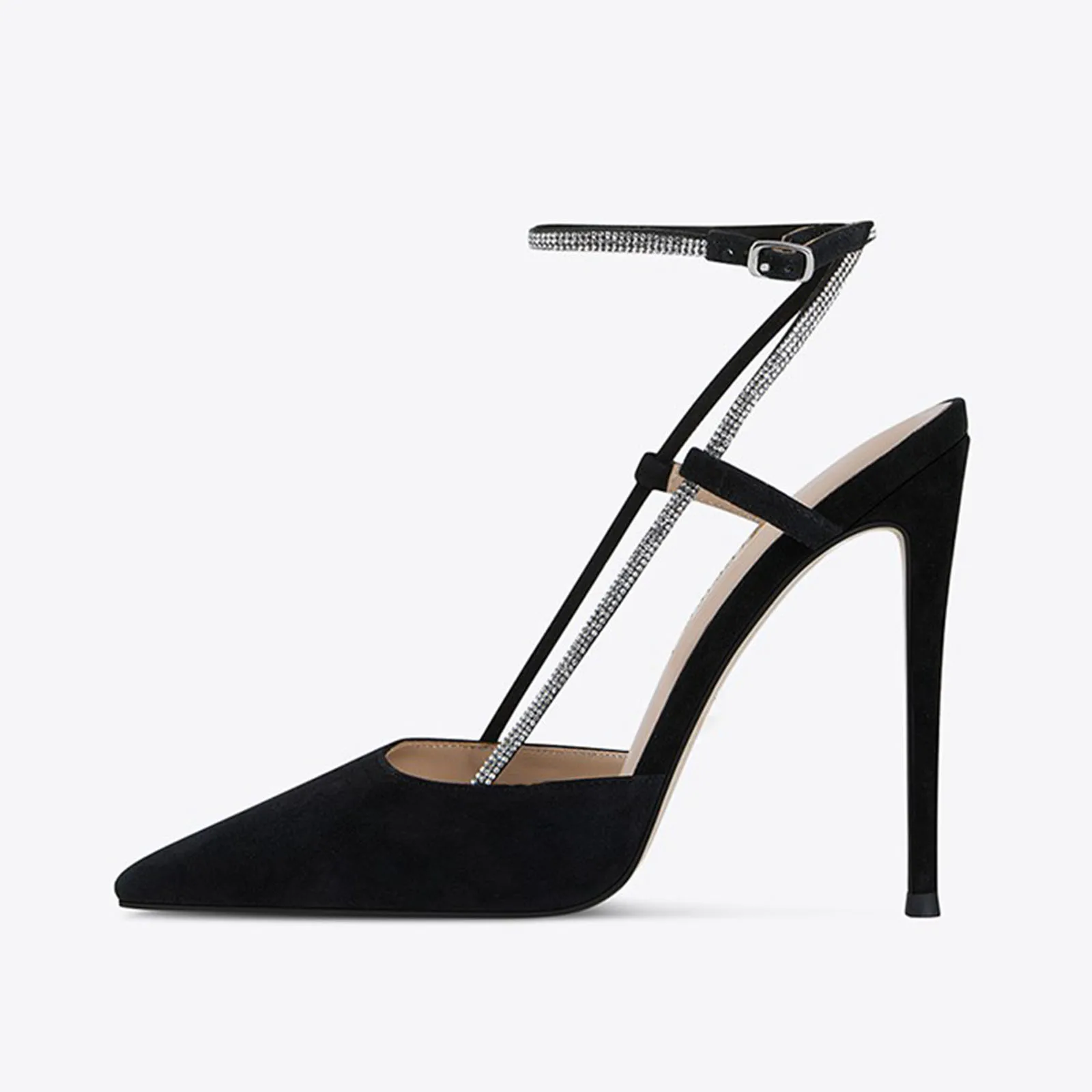 

Arden Furtado 2025 Summer Black suede Crystal Wedding shoes Pointed toe Stilettos heels word-cingulate Closed toe sandals