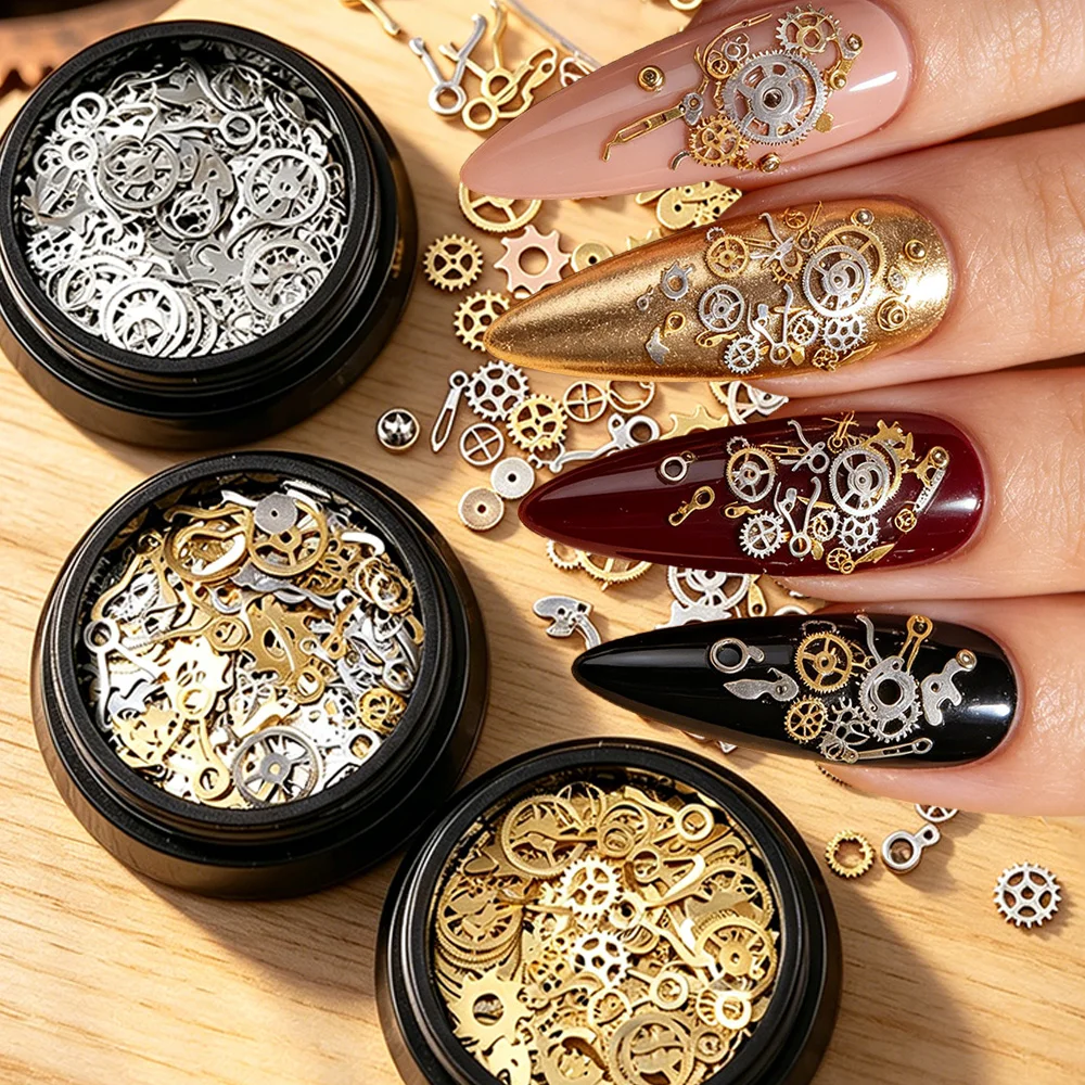 120Pcs/box Gold Silver Gear Studs Nail Charms 3D Mixed Metal Steam Mechanical Punk Nail Alloy Y2k Wheel Rivet Manicure Accessori