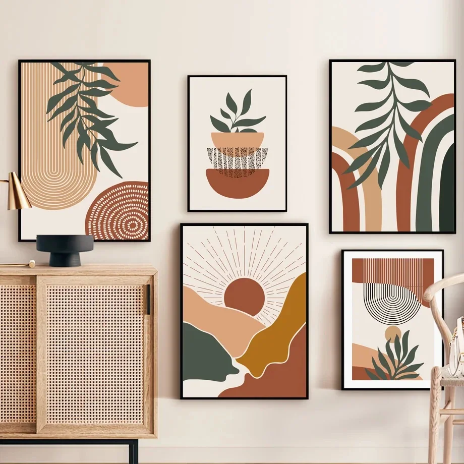Leaves Sun Rainbow Abstract Boho Canvas Painting Posters and Prints Wall Art Picture for Living Room Decoration