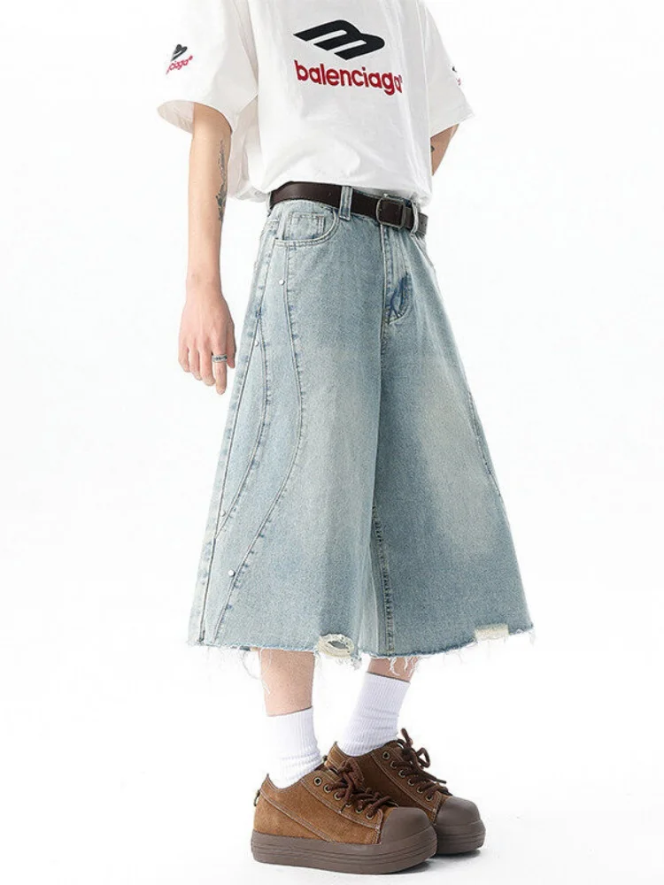 

Мужские летние джинсы в американском ретро-стиле, прямые брюки с эффектом потертости, с элементами пэчворка, модные штаны