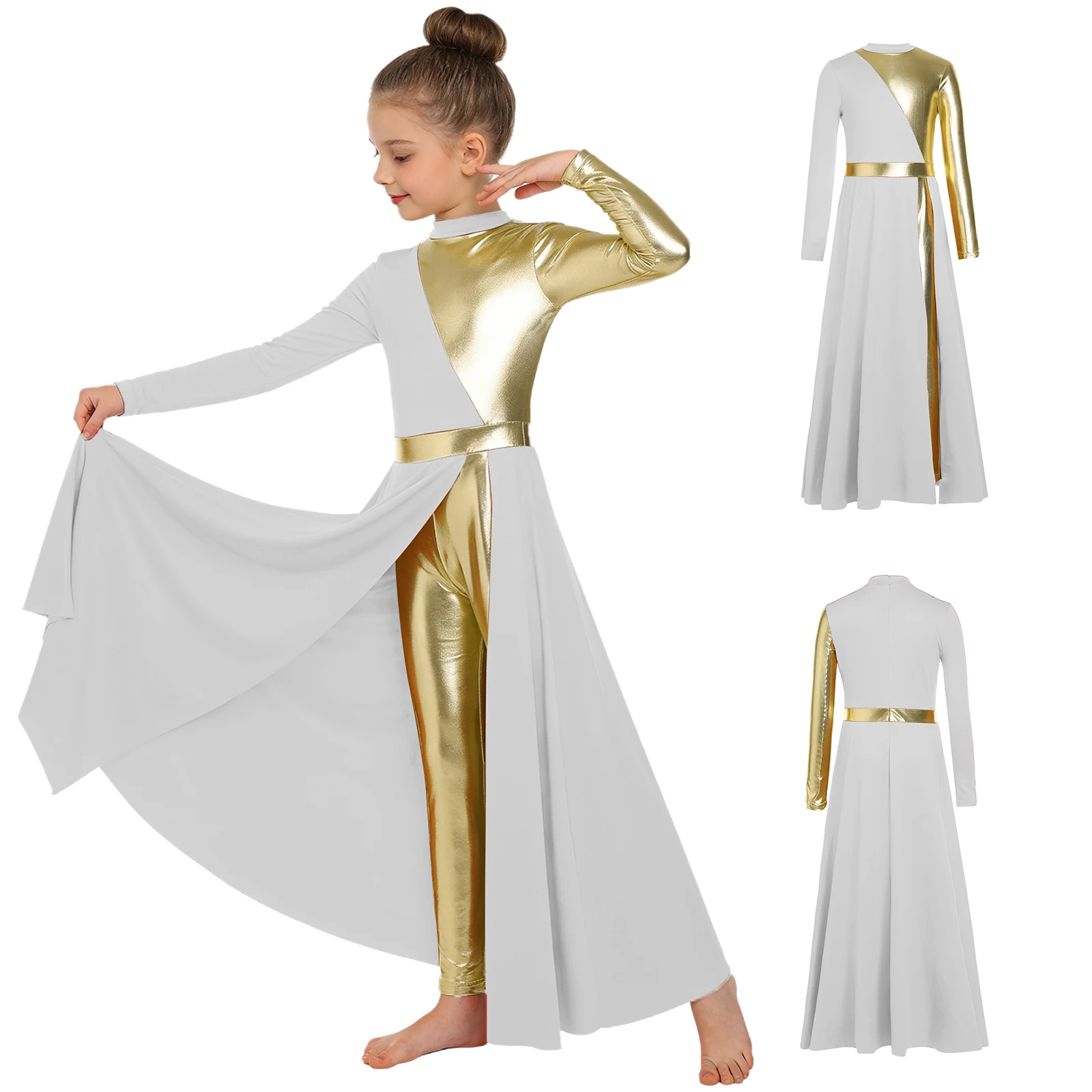 

Kids Girls Worship Liturgical Praise Dance Dress Church Choir Lyrical Contemporary Dancewear Long Sleeve Split Dresses Leotard