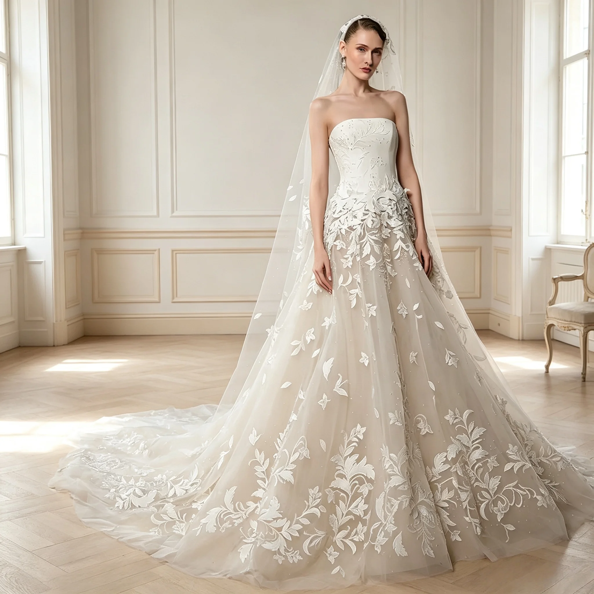 3D Leaf Embroidered A Line Wedding Dress Strapless Neck High-Waist Nude Tulle Cathedral Train Couture Artistic Bridal Gown