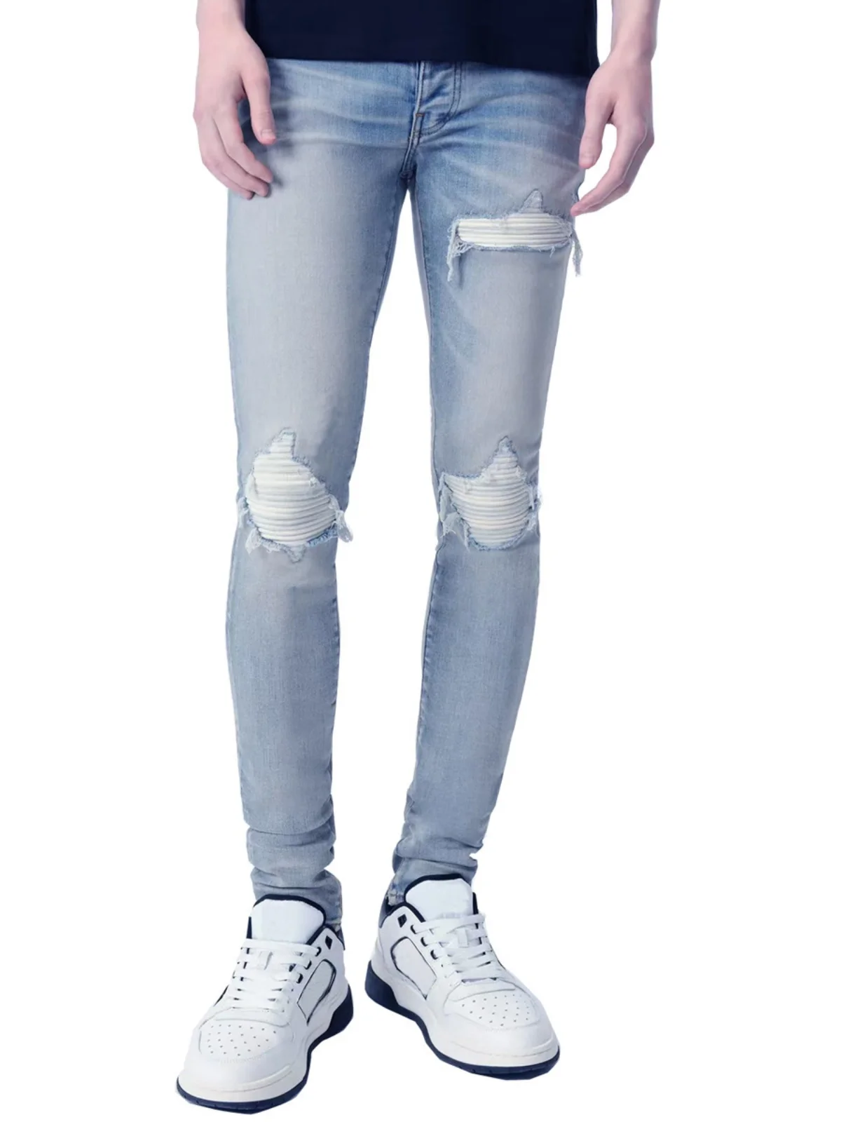 

Мужские облегающие джинсы из пэчворк-кожи High Street, весенне-осенние, эластичные, с рваными элементами, зауженный крой