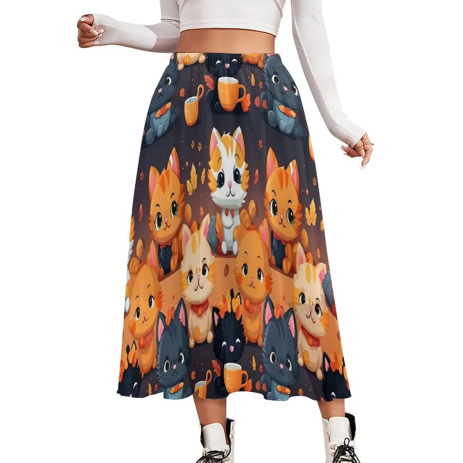 

Magic Cats Mugs Skirt Cartoon Animal Korean Fashion Casual Skirts Elegant A-line Skirt Woman Design Oversize Clothes