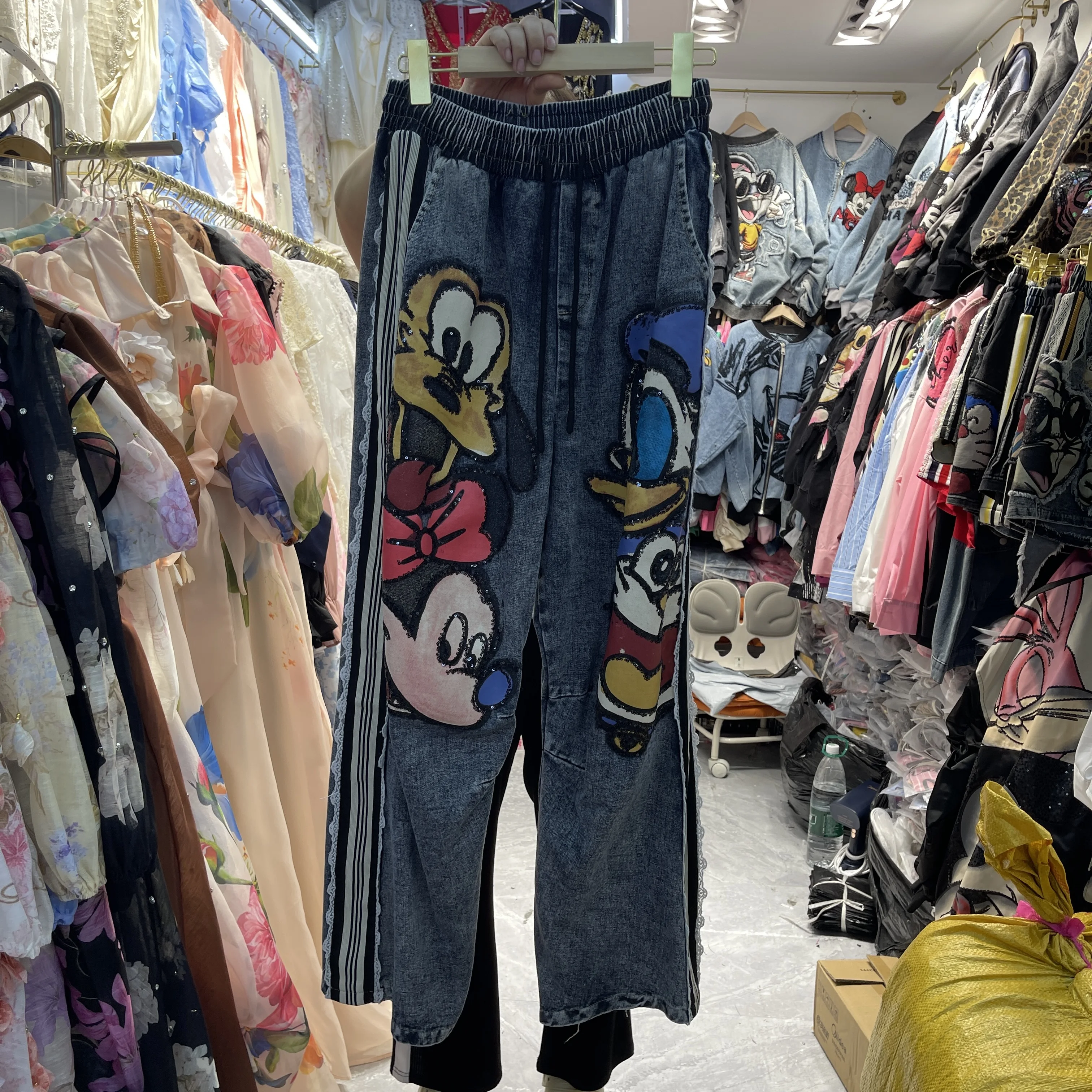 2025 Spring New Korean Style Cartoon Print Loose Elastic Waist Jeans for Women with Sequins Harem Pants Straight Trousers