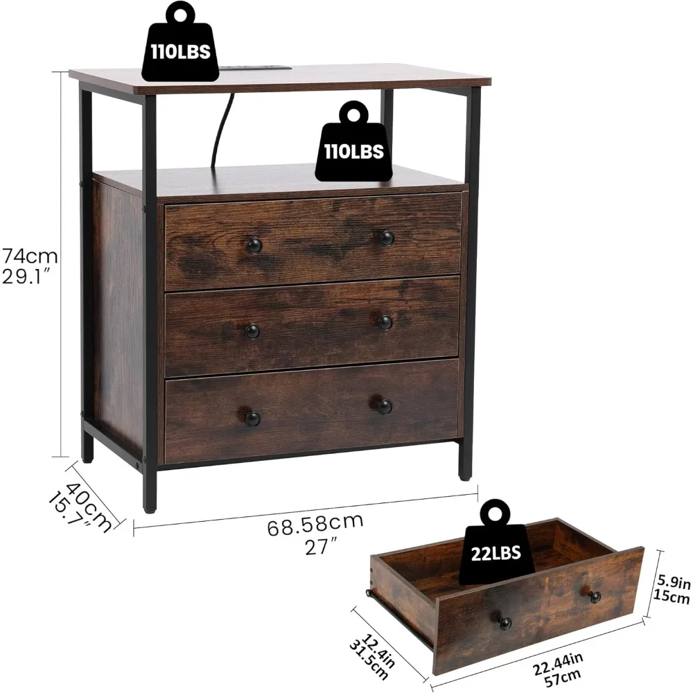 27-Zoll breiter Nachttisch aus Holz mit Ladestation und verstellbaren Schubladen für kleine Kommoden im Schrank
